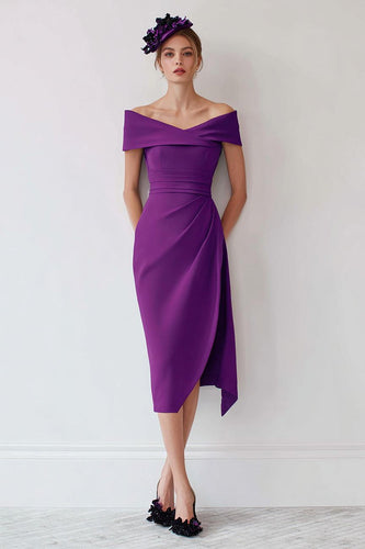 Grape Off the Shoulder Tea Length Mother of the Bride Dress with Slit