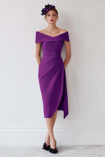 Grape Off the Shoulder Tea Length Mother of the Bride Dress with Slit