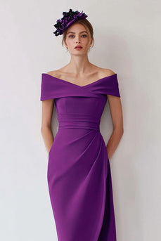 Grape Off the Shoulder Tea Length Mother of the Bride Dress with Slit