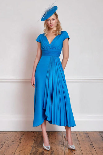 Blue Pleated V-Neck Midi Mother of the Bride Dress with Sleeves