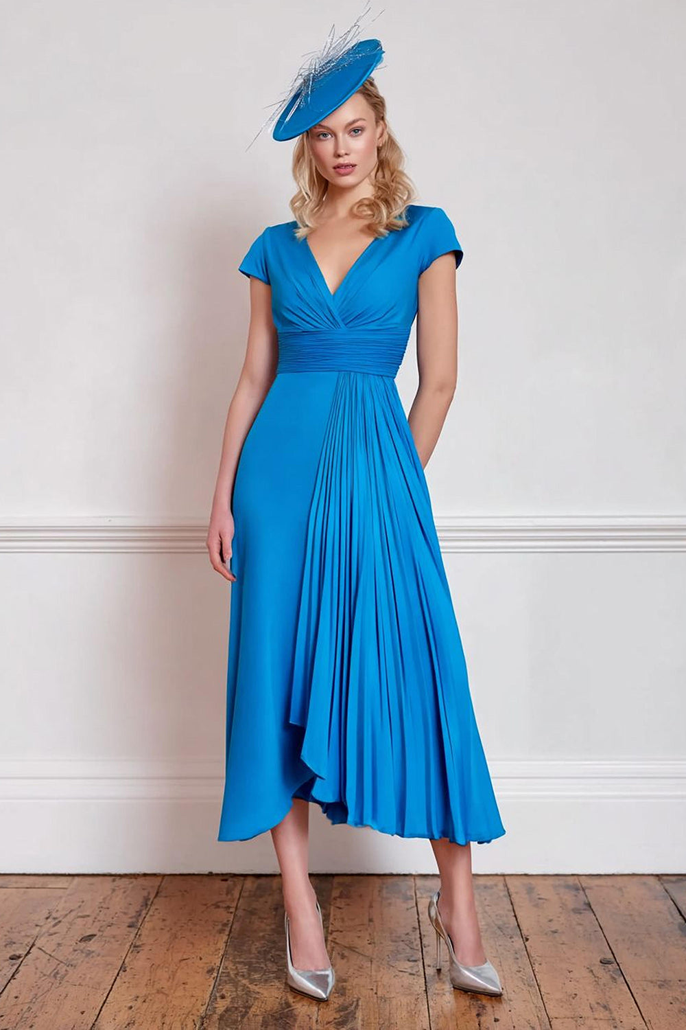 Blue Pleated V-Neck Midi Mother of the Bride Dress with Sleeves