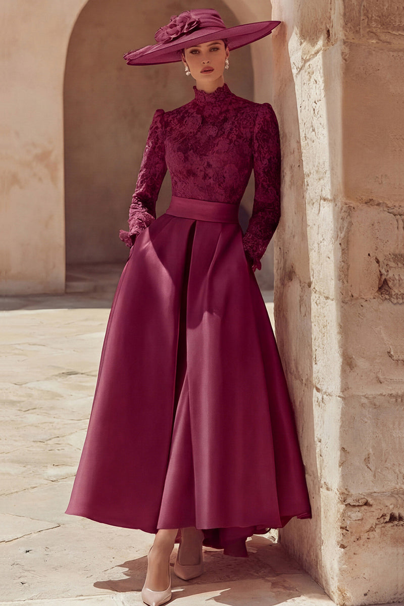 Load image into Gallery viewer, Candy Pink A Line High Neck Long Mother of the Bride Dress with Lace