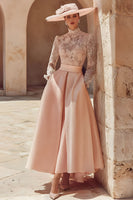 Load image into Gallery viewer, Candy Pink A Line High Neck Long Mother of the Bride Dress with Lace