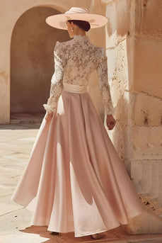 Candy Pink A Line High Neck Long Mother of the Bride Dress with Lace