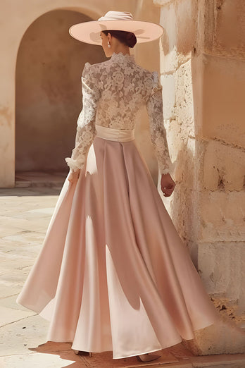 Candy Pink A Line High Neck Long Mother of the Bride Dress with Lace