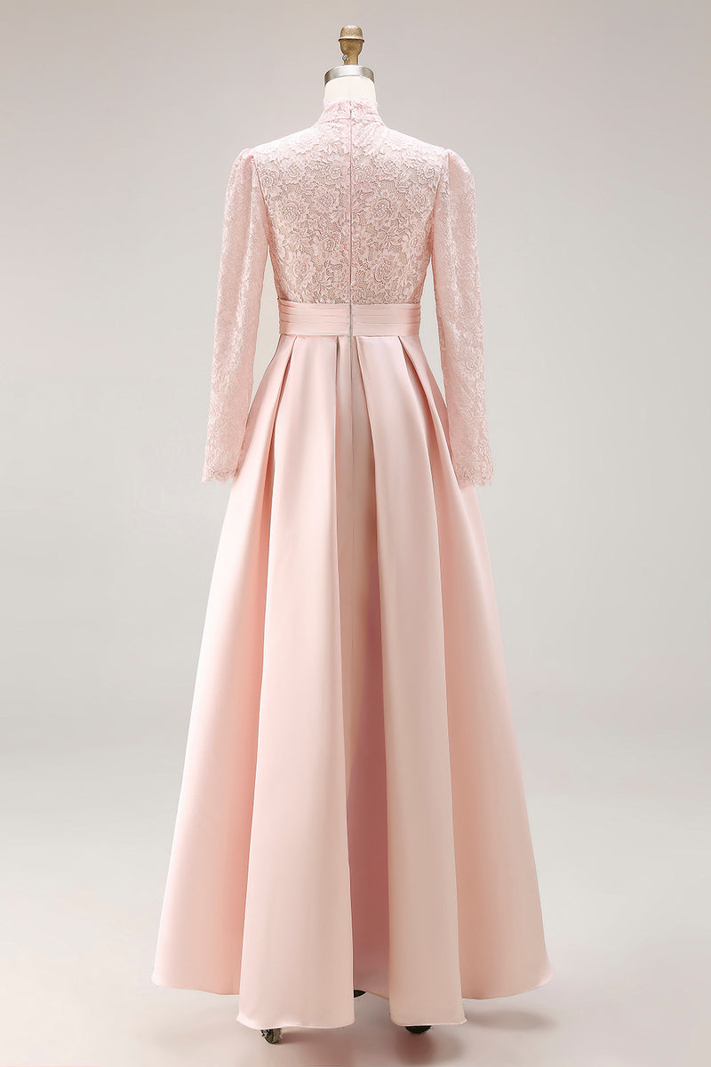 Load image into Gallery viewer, Candy Pink A Line High Neck Long Mother of the Bride Dress with Lace