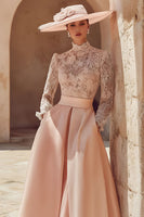Load image into Gallery viewer, Candy Pink A Line High Neck Long Mother of the Bride Dress with Lace
