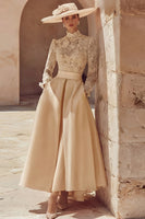 Load image into Gallery viewer, Candy Pink A Line High Neck Long Mother of the Bride Dress with Lace