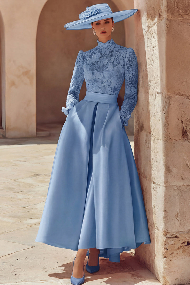 Load image into Gallery viewer, Candy Pink A Line High Neck Long Mother of the Bride Dress with Lace