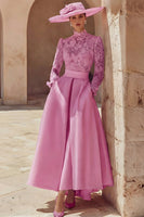 Load image into Gallery viewer, Candy Pink A Line High Neck Long Mother of the Bride Dress with Lace