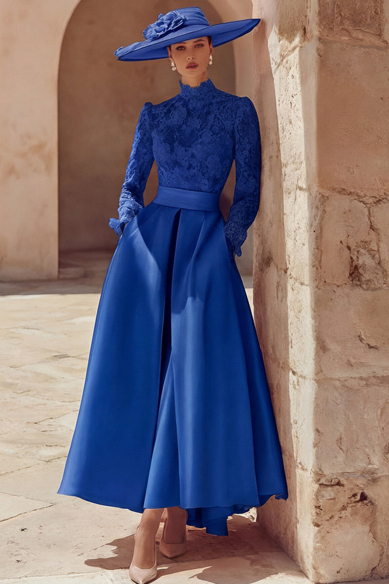 Load image into Gallery viewer, Candy Pink A Line High Neck Long Mother of the Bride Dress with Lace