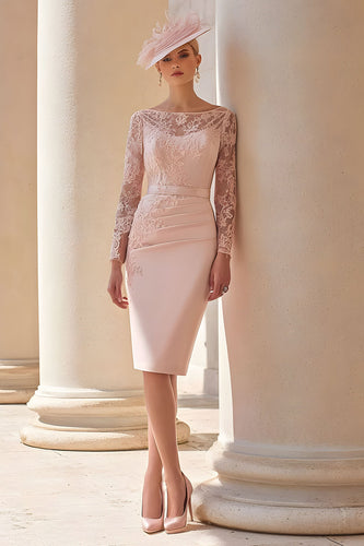 Blush Pink Bodycon Illusion Boat Neck Midi Mother of the Bride Dress with Lace