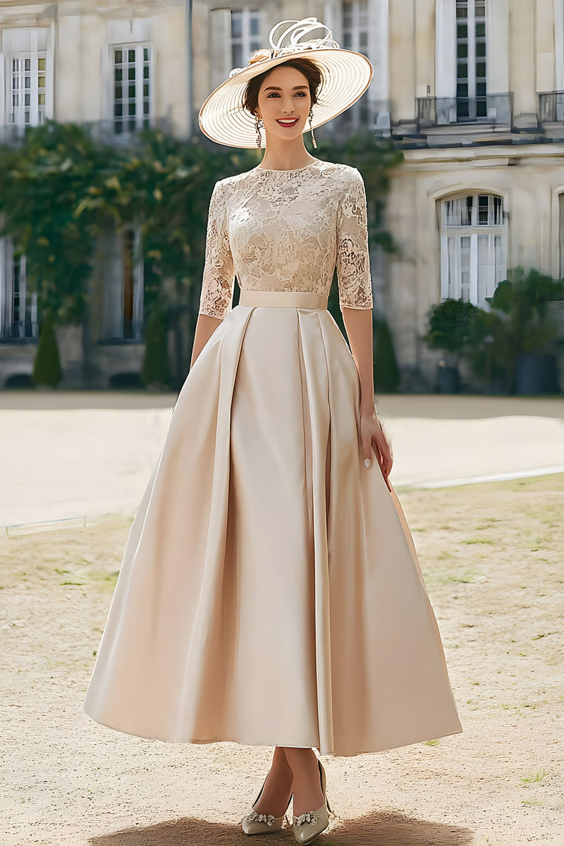 Load image into Gallery viewer, Blush Pink Satin A Line Long Mother of the Bride Dress with Lace