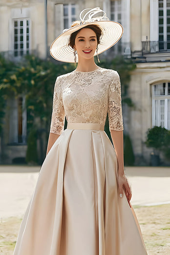 Blush Pink Satin A Line Long Mother of the Bride Dress with Lace