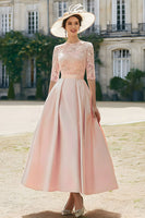 Load image into Gallery viewer, Queendancer Women Blush Pink Satin Long Mother of the Bride Dress with Lace Round Neck A Line Wedding Guest Dress with Sleeves