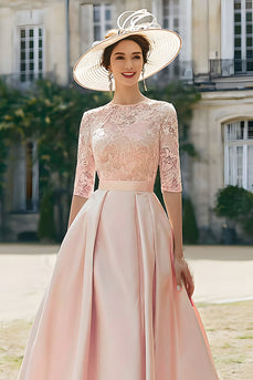 Blush Pink Satin A Line Long Mother of the Bride Dress with Lace