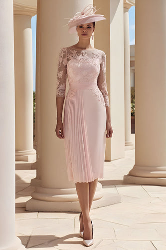 Blush Pink Pleated Illusion Boat Neck Midi Mother of the Bride Dress with Sleeves