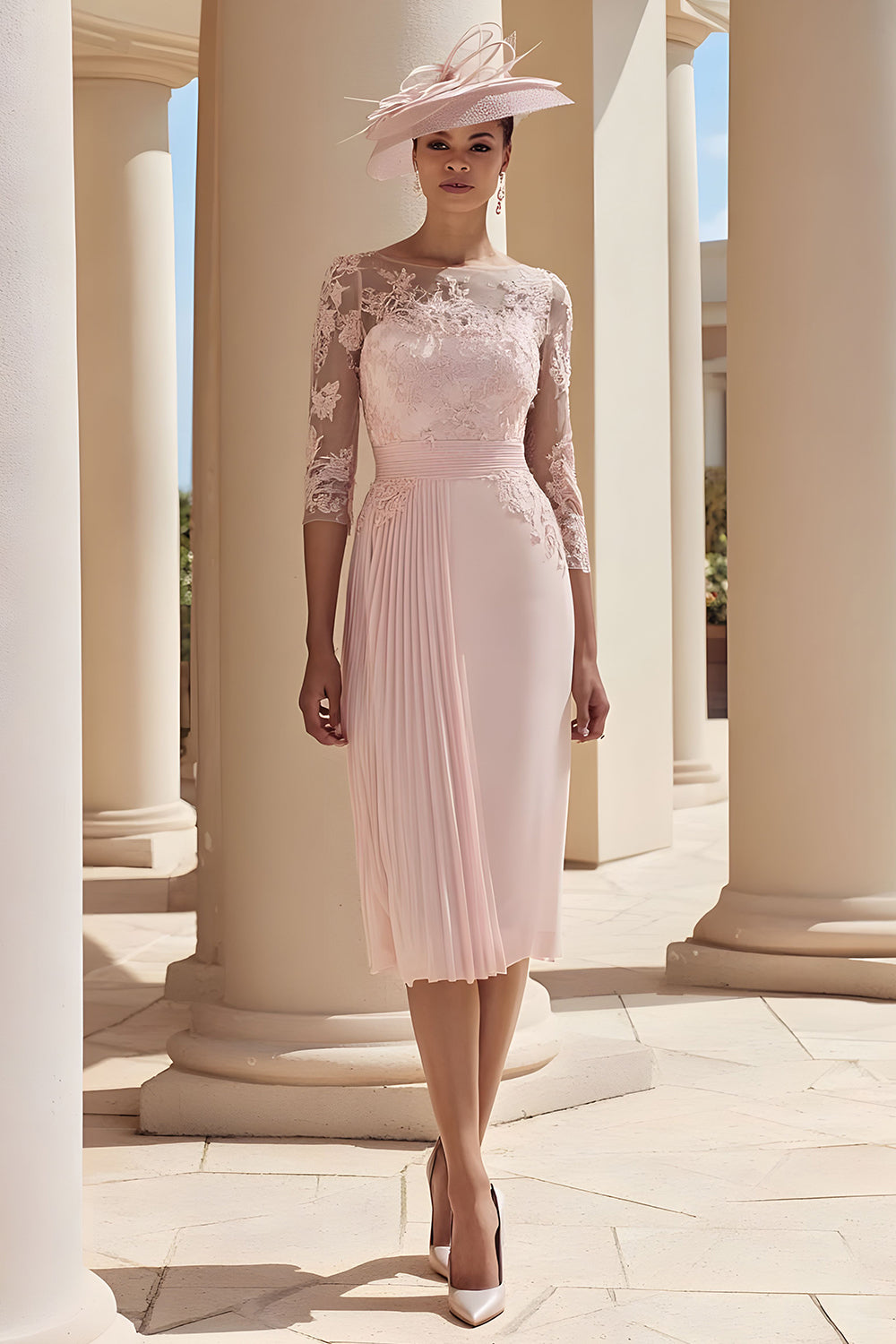 Blush Pink Pleated Illusion Boat Neck Midi Mother of the Bride Dress with Sleeves