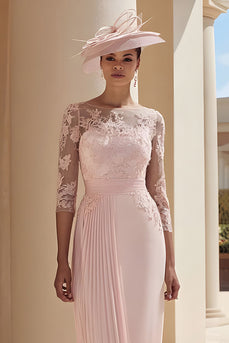 Blush Pink Pleated Illusion Boat Neck Midi Mother of the Bride Dress with Sleeves