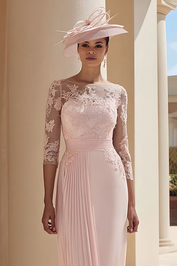 Blush Pink Pleated Illusion Boat Neck Midi Mother of the Bride Dress with Sleeves