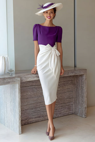 Grape Boat Neck Pencil Midi Mother of the Bride Dress with Bow