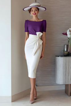 Grape Boat Neck Pencil Midi Mother of the Bride Dress with Bow