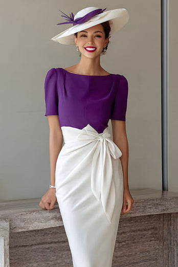 Grape Boat Neck Pencil Midi Mother of the Bride Dress with Bow