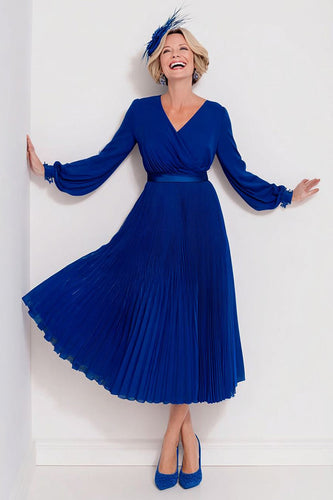 Dark Blue Pleated V-Neck Long Mother of the Bride Dress with Sleeves