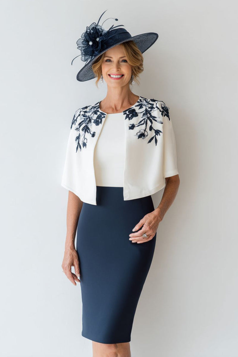 Load image into Gallery viewer, 2 Piece Navy Bodycon Floral Short Mother of the Bride Dress