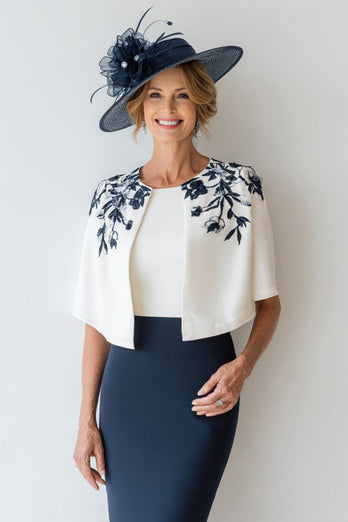 2 Piece Navy Bodycon Floral Short Mother of the Bride Dress