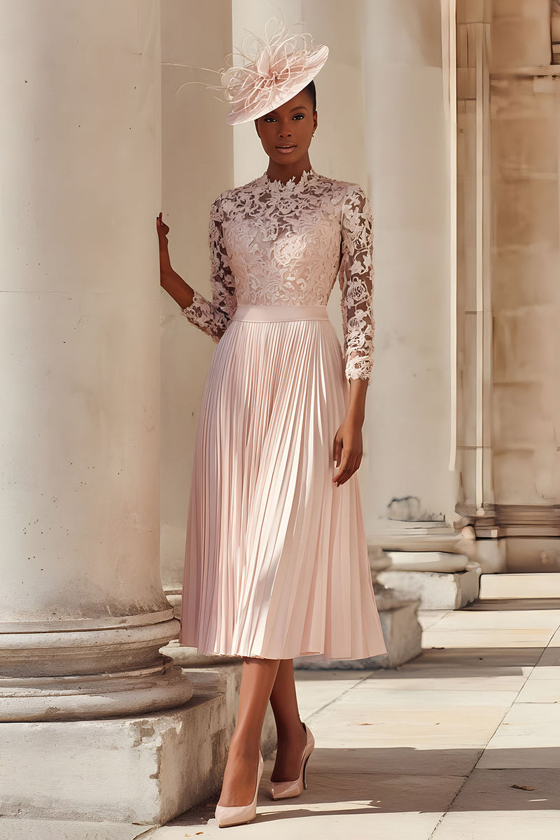 Load image into Gallery viewer, Blush Pink Pleated A Line Midi Mother of the Bride Dress with Lace