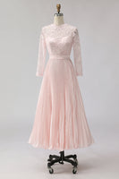 Load image into Gallery viewer, Blush Pink Pleated A Line Midi Mother of the Bride Dress with Lace