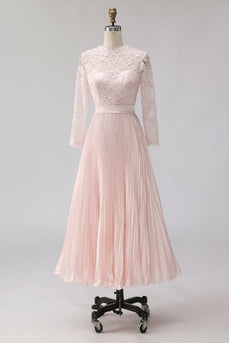 Blush Pink Pleated A Line Midi Mother of the Bride Dress with Lace