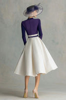 Load image into Gallery viewer, Plum Satin High Neck Midi Mother of the Bride Dress with Sleeves