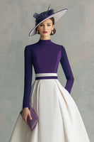 Load image into Gallery viewer, Plum Satin High Neck Midi Mother of the Bride Dress with Sleeves