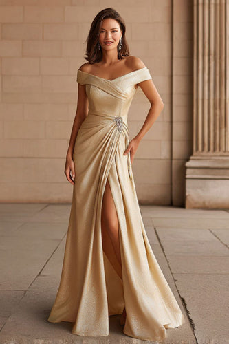 Metallic Champagne Off the Shoulder Maxi Mother of the Bride Dress with Slit