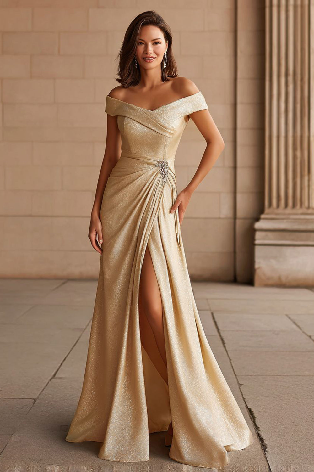 Metallic Champagne Off the Shoulder Maxi Mother of the Bride Dress with Slit