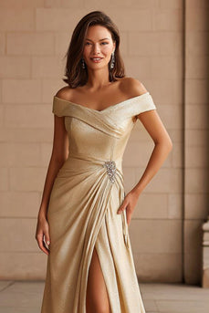Metallic Champagne Off the Shoulder Maxi Mother of the Bride Dress with Slit