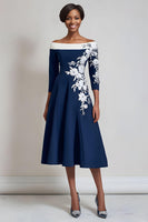 Load image into Gallery viewer, Women Navy Floral Midi Mother of the Bride Dress with Sleeves A Line Satin Off the Shoulder Appliqued Wedding Guest Dress