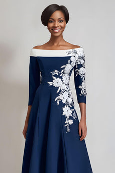 Floral Navy A Line Midi Mother of the Bride Dress with Sleeves