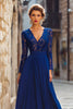 Load image into Gallery viewer, Dark Blue Chiffon V-Neck Long Mother of the Bride Dress with Lace