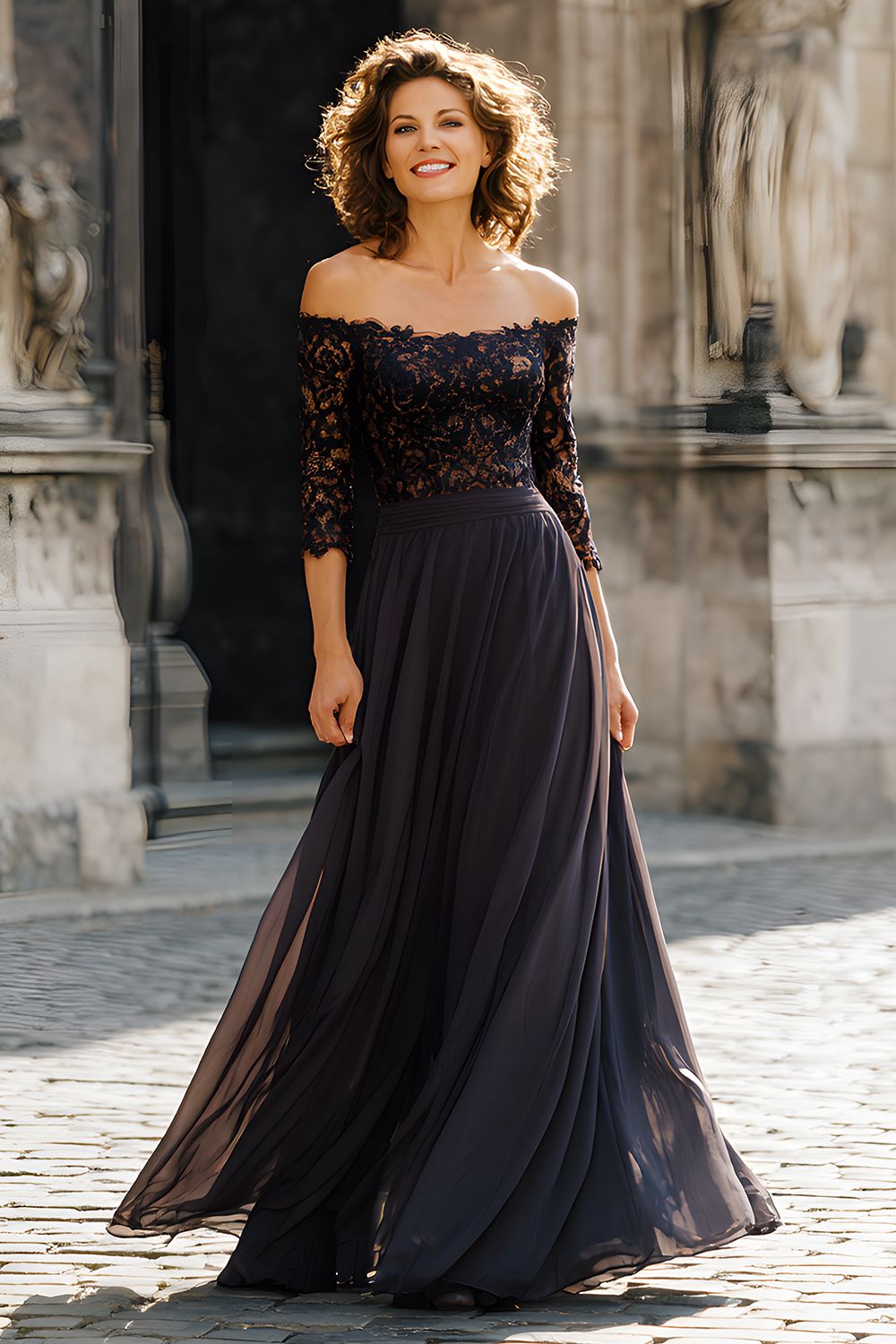 Black Chiffon Off the Shoulder Long Mother of the Bride Dress with Lace