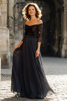 Load image into Gallery viewer, Black Chiffon Off the Shoulder Long Mother of the Bride Dress with Lace