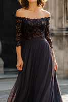 Load image into Gallery viewer, Black Chiffon Off the Shoulder Long Mother of the Bride Dress with Lace
