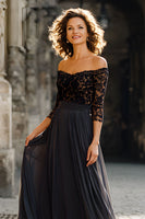 Load image into Gallery viewer, Black Chiffon Off the Shoulder Long Mother of the Bride Dress with Lace