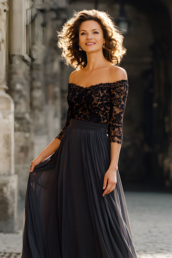 Black Chiffon Off the Shoulder Long Mother of the Bride Dress with Lace