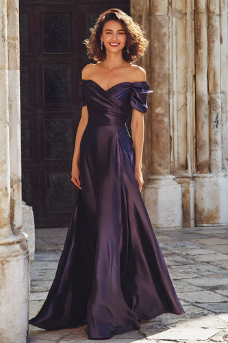 Plum Off the Shoulder Sheath Long Mother of the Bride Dress