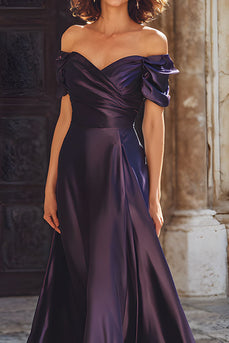 Plum Off the Shoulder Sheath Long Mother of the Bride Dress