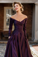 Load image into Gallery viewer, Plum A Line Off the Shoulder Long Mother of the Bride Dress with Sleeves