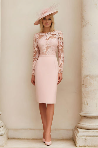 Blush Pink Illusion Lace Boat Neck Midi Mother of the Bride Dress